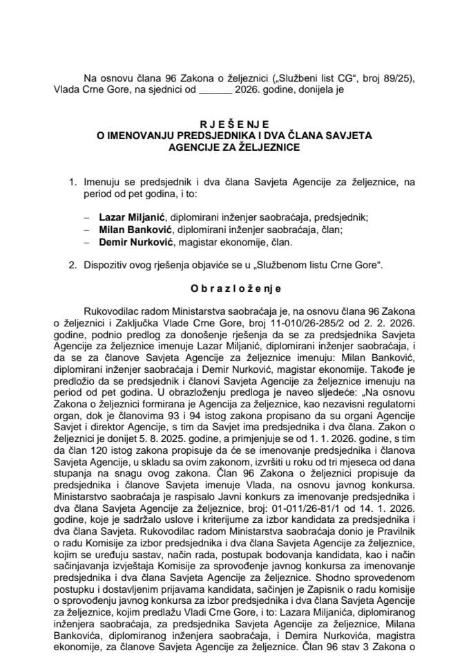 Predlog za imenovanje predsjednika i dva člana Savjeta Agencije za željeznice