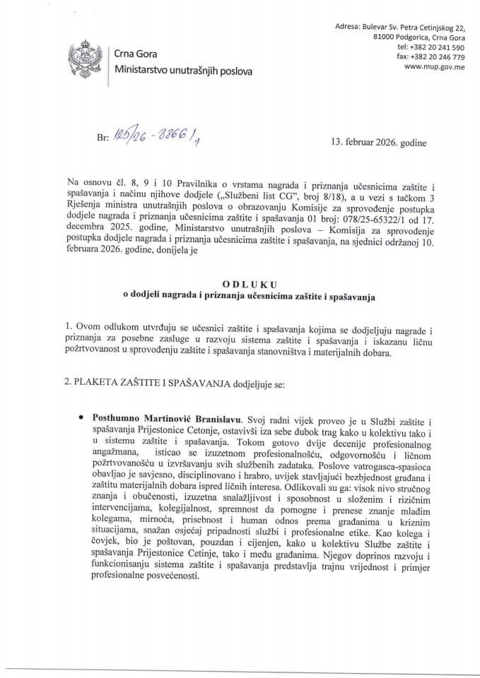 Odluka o dodjeli nagrada i priznanja učesnicima zaštite i spašavanja