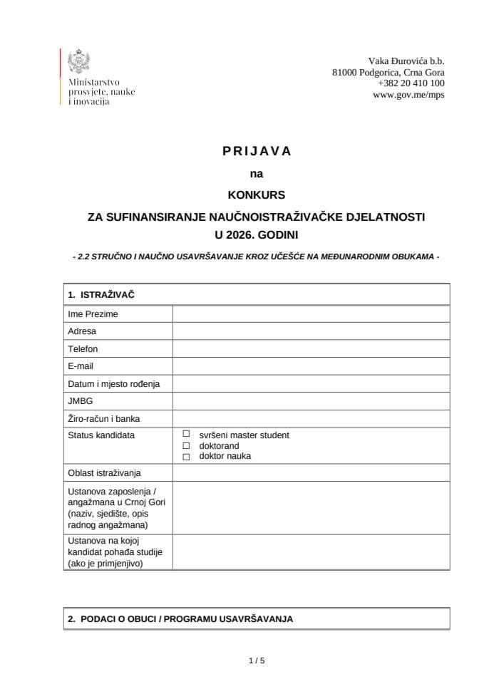 Tačka 2.2 - Prijavni obrazac-Konkursa NID 2026