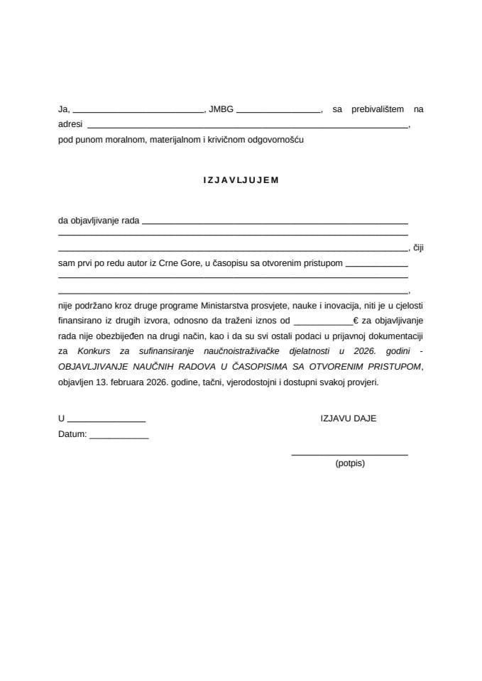 Tačka 6 - Izjava - Konkurs NID2026