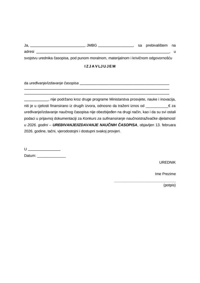 Tačka 7 - Izjava - Konkurs NID 2026