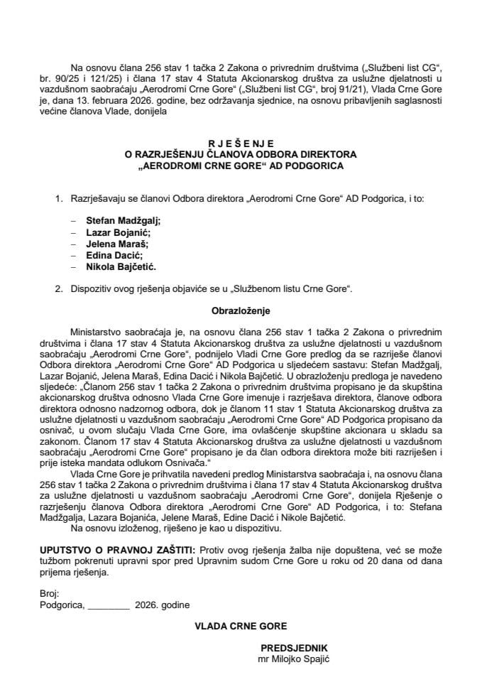 Predlog za razrješenje članova Odbora direktora „Aerodromi Crne Gore“ AD Podgorica