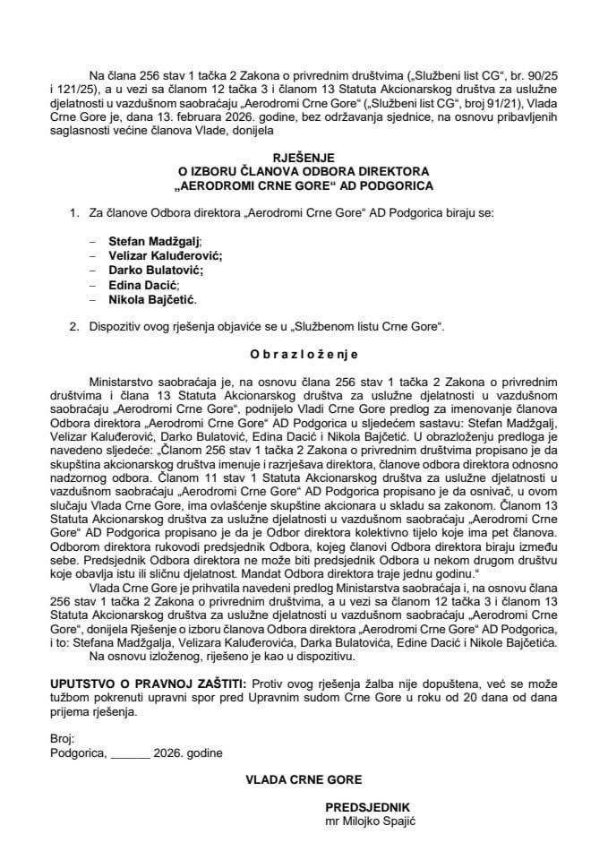 Predlog za izbor članova Odbora direktora „Aerodromi Crne Gore“ AD Podgorica