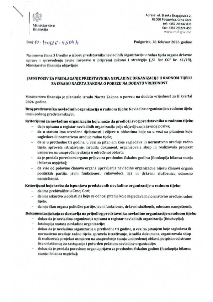 Javni poziv za predlaganje predstavnika nevladine organizacije u radnom tijelu za izradu Nacrta zakona o porezu na dodatu vrijednost