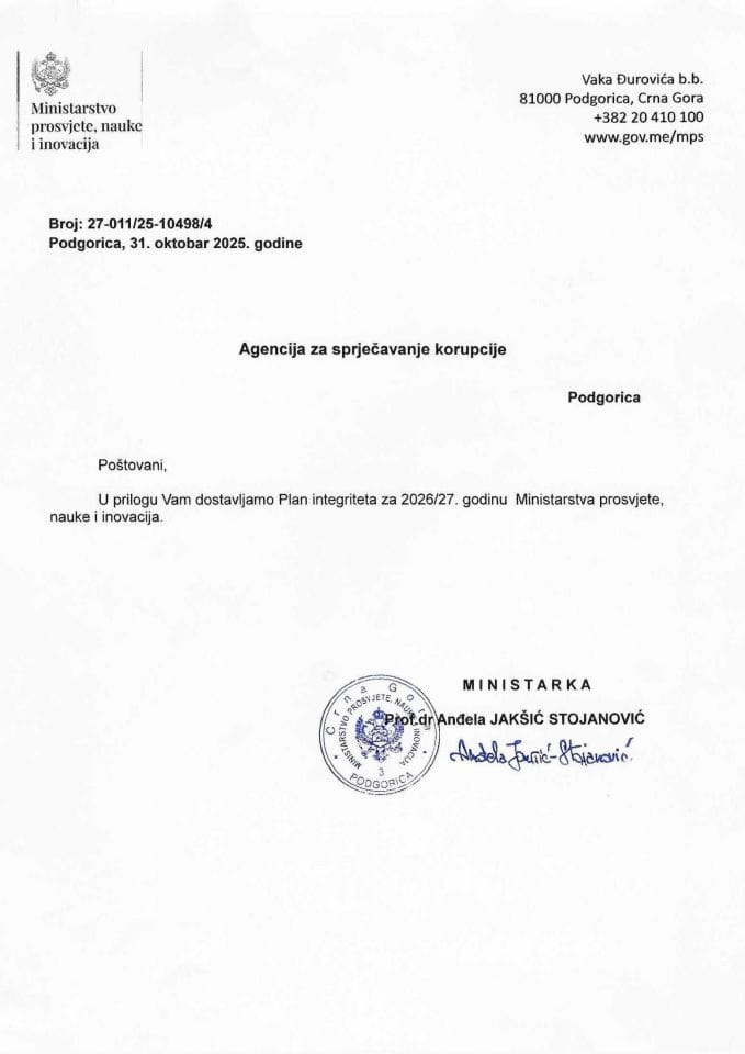 Plan integriteta Ministarstva prosvjete, nauke i inovacija za 2026/27. godinu