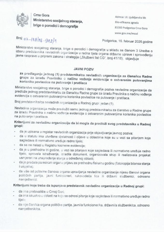 PDF JP za predlaganje jednog predstavnika/cu NVO za člana/icu Radne grupe za izradu Pravilnika o načinu vođenja evidencija o ostvarenim putovanjima korisnika povlastice na putovanje i pratilaca