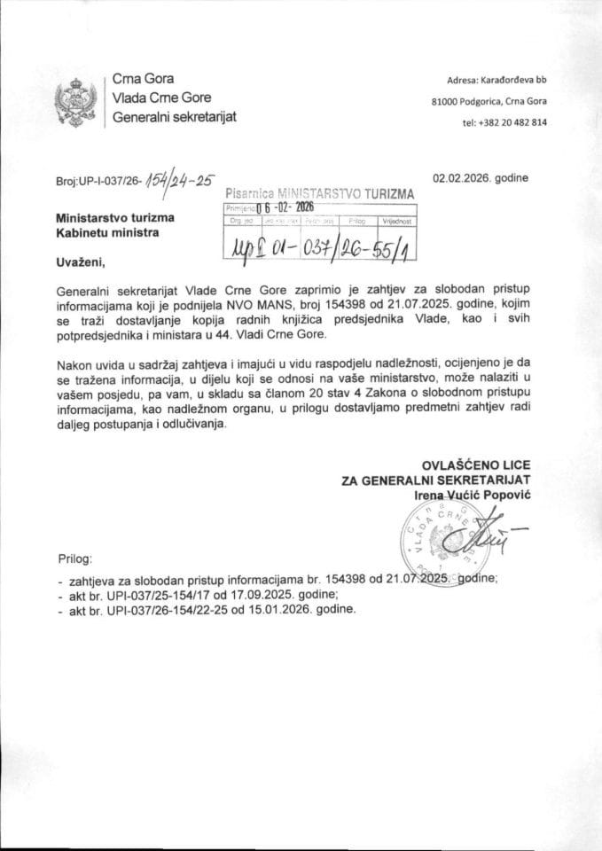 Informacije kojima je pristup odobren po osnovu zahtjeva br UPI 01-037-26-55-1 - Mreža za afirmaciju nevladinog sektora - MANS od 02.02.2026. godine