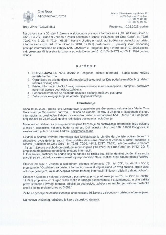 Rješenje - Slobodan pristup informacijama - UPI 01-037-26-55-2 Mreža za afirmaciju nevladinog sektora - MANS