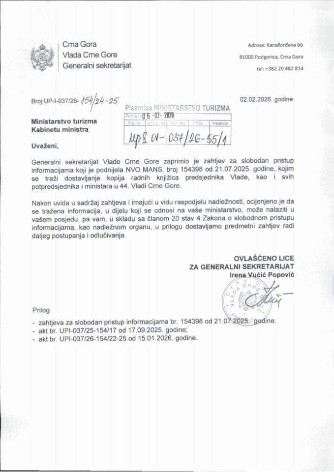 Zahtjev - Slobodan pristup informacijama - UPI 01-037-26-55-1 - Mreža za afirmaciju nevladinog sektora - MANS