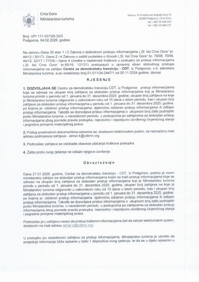Rješenje - Slobodan pristup informacijama - UPI 111-037-26-32-2 - Centar za demokratsku tranziciju