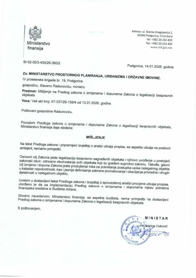 Mišljenje na Predlog zakona o izmjenama i dopunama Zakona o legalizaciji bespravnih objekata