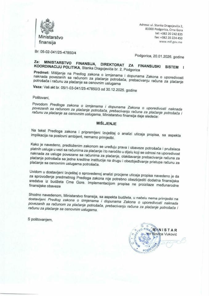 Mišljenje na Predlog zakona o izmjenama i dopunama Zakona o uporedivosti naknada povezanih sa računom za plaćanje potrošača, prebacivanju računa za plaćanje potrošača i računu za plaćanje sa osnovnim uslugama