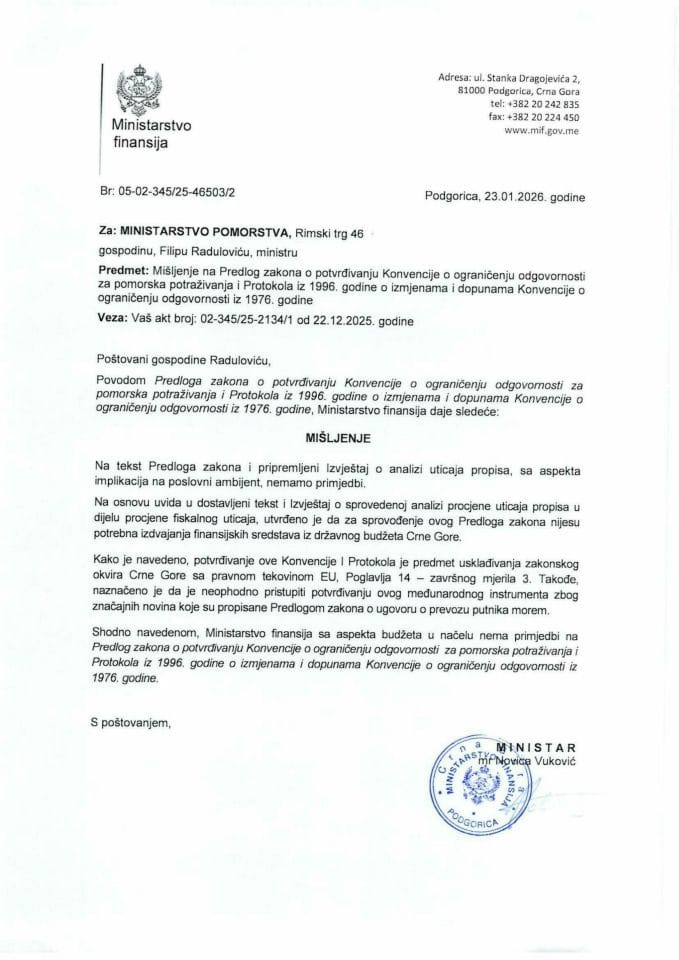 Mišljenje na Predlog zakona o potvrđivanju Konvencije o ograničenju odgovornosti za pomorska potraživanja i Protokola iz 1996. godine o izmjenama i dopunama Konvencije o ograničenju odgovornosti iz 1976. godine