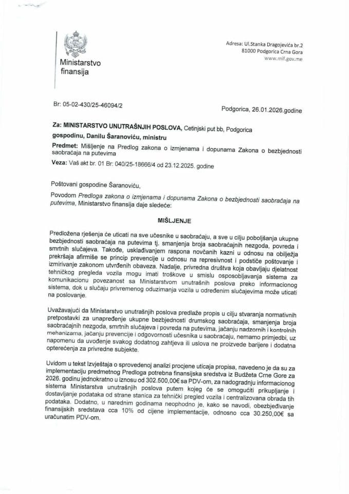 Mišljenje na Predlog zakona o izmjenama i dopunama Zakona o bezbjednosti saobraćaja na putevima