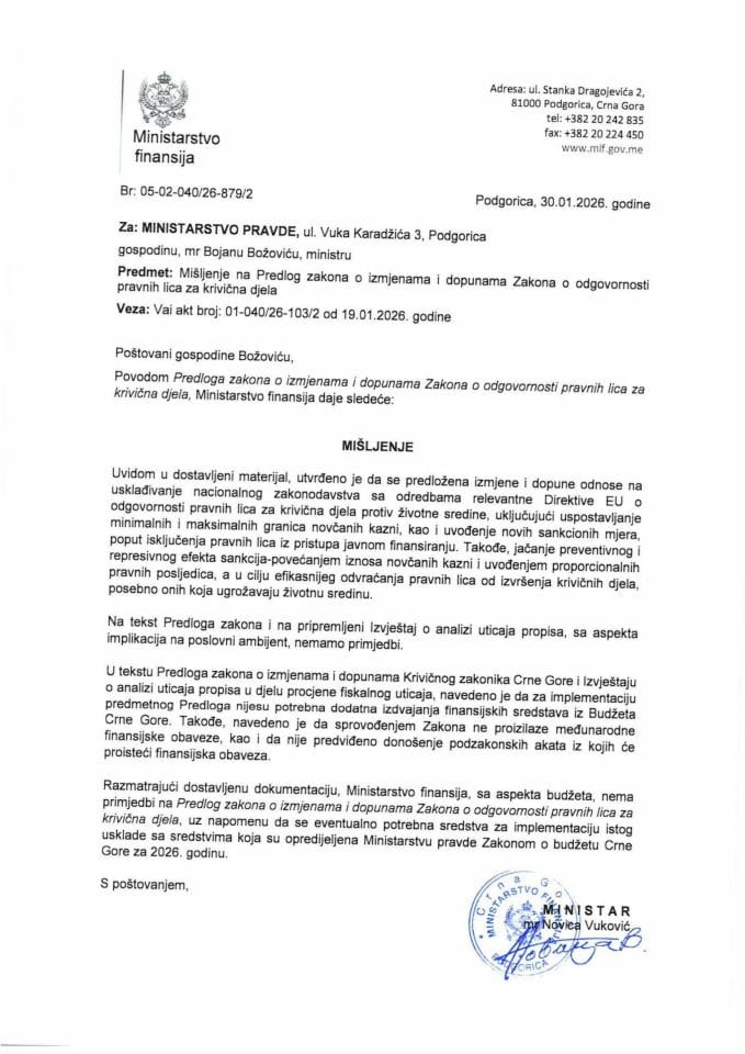 Mišljenje na Predlog zakona o izmjenama i dopunama Zakona o odgovornosti pravnih lica za krivična djela