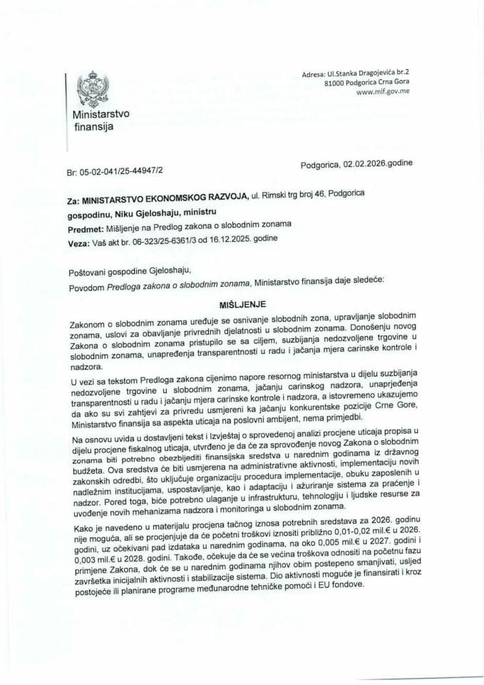 Mišljenje na Predlog zakona o slobodnim zonama