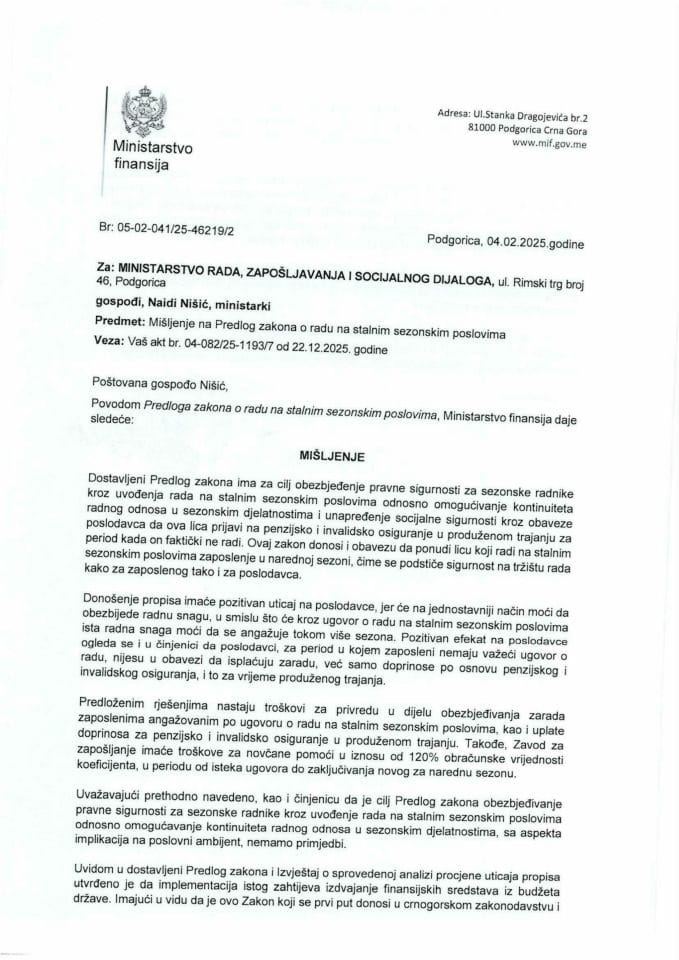 Mišljenje na Predlog zakona o radu na stalnim sezonskim poslovima