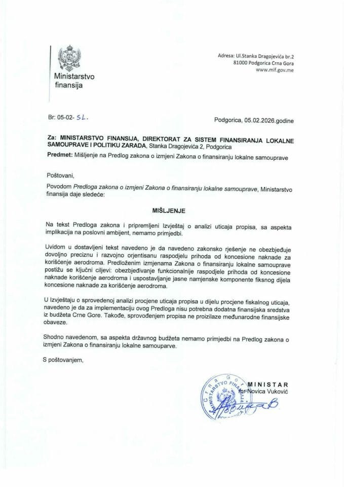 Mišljenje na Predlog zakona o izmjeni Zakona o finansiranju lokalne samouprave