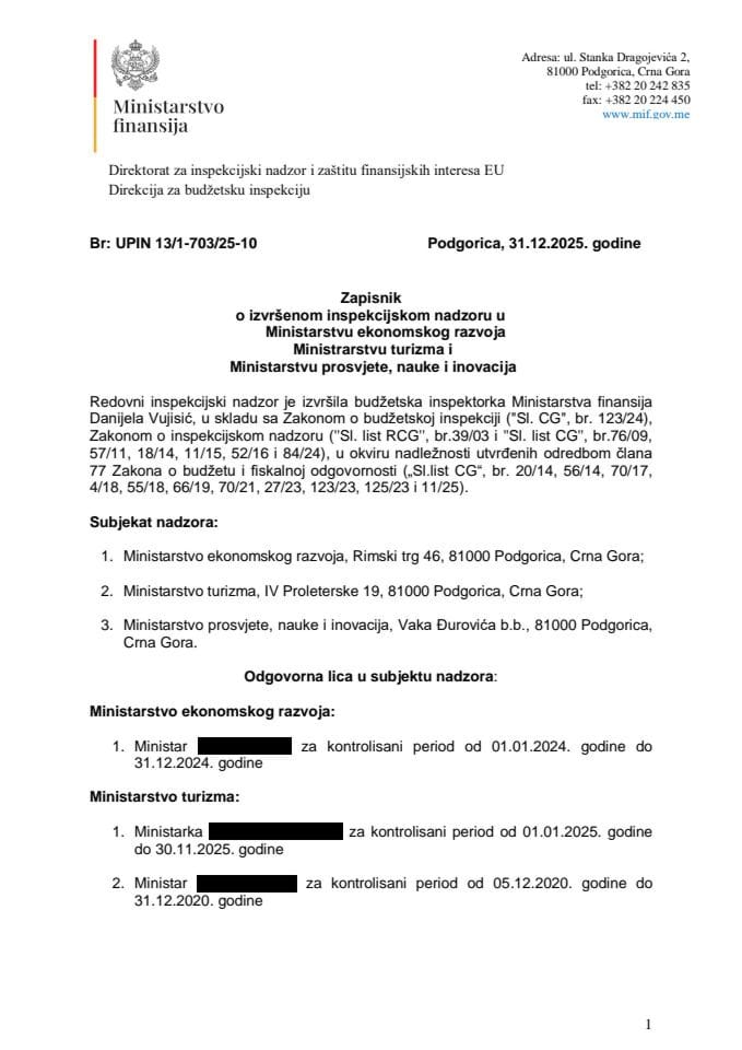 Записник о извршеном инспекцијском надзору у Министарству економског развоја, Министарству туризма и Министарству просвјете, науке и иновација