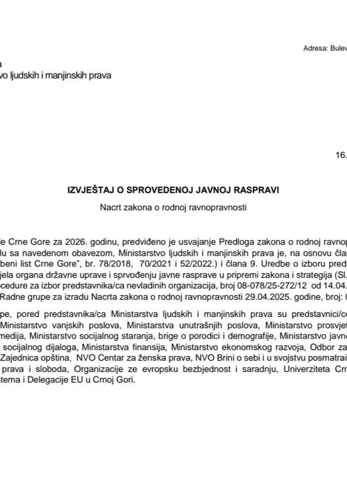 Izvještaj sa javne rasprave Nacrta zakona o rodnoj ravnopravnosti