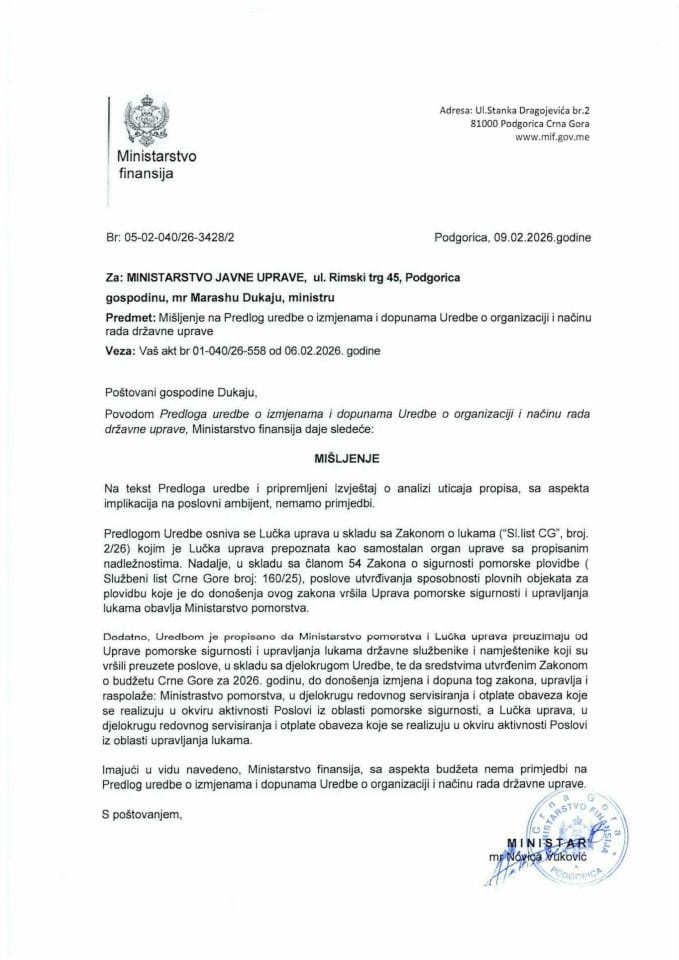 Mišljenje na Predlog uredbe o izmjenama i dopunama Uredbe o organizaciji i načinu rada državne uprave