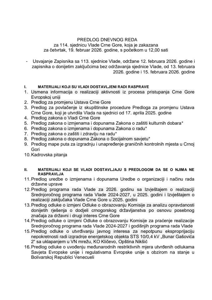 Predlog dnevnog reda za 114. sjednicu Vlade Crne Gore