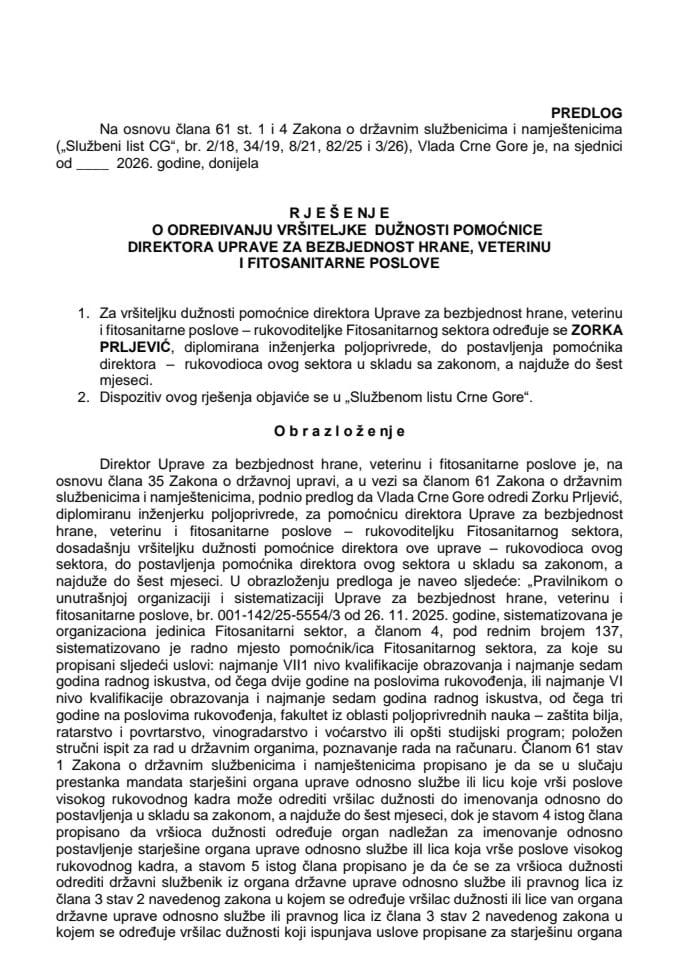 Predlog za određivanje vršiteljke dužnosti pomoćnice direktora Uprave za bezbjednost hrane, veterinu i fitosanitarne poslove