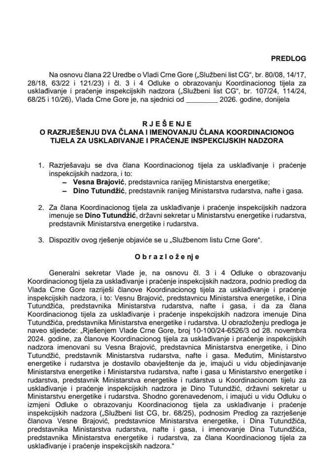 Predlog za razrješenje dva člana i imenovanje člana Koordinacionog tijela za usklađivanje i praćenje inspekcijskih nadzora