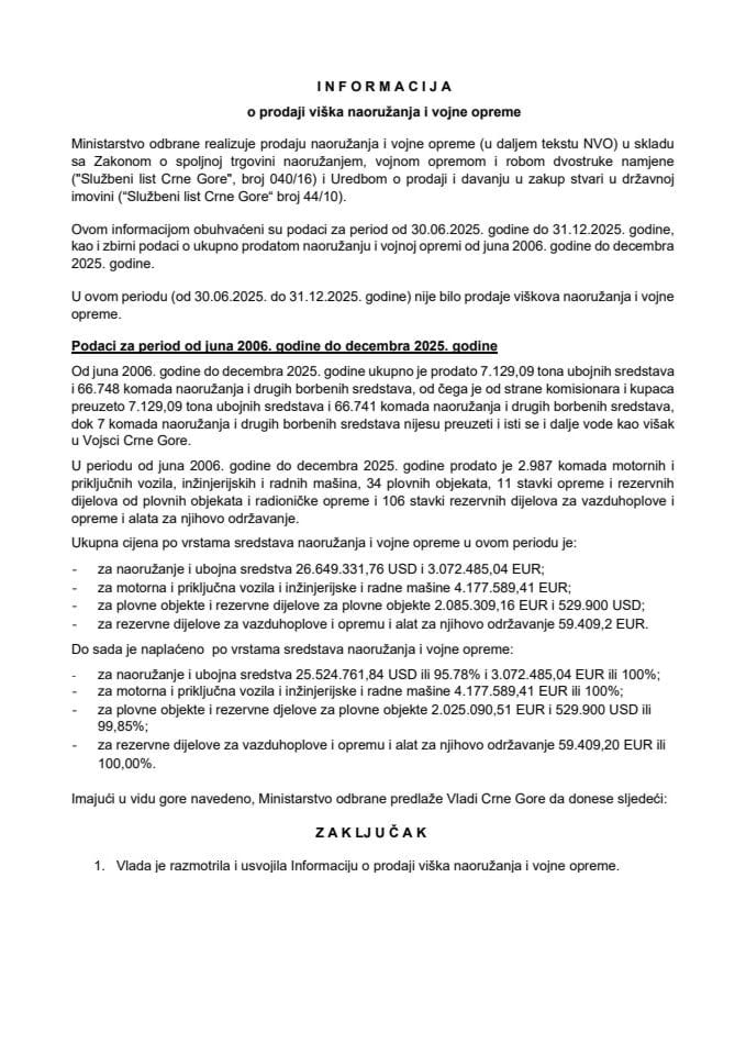 Informacija o prodaji viška naoružanja i vojne opreme u Vojsci Crne Gore