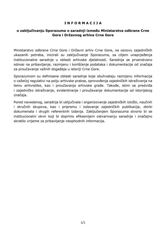 Informacija o zaključivanju Sporazuma o saradnji između Ministarstva odbrane Crne Gore i Državnog arhiva Crne Gore s Predlogom sporazuma