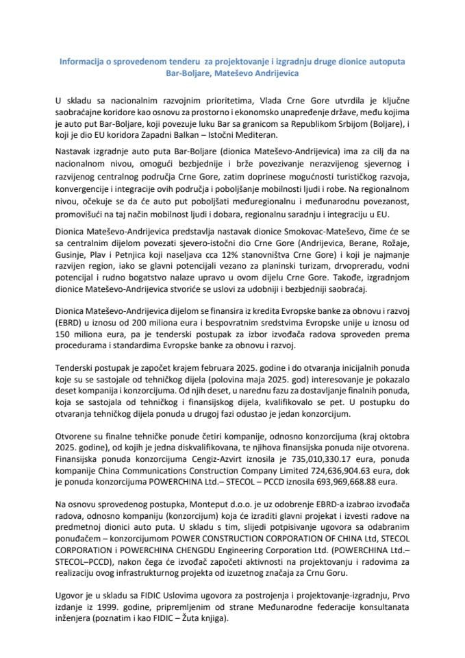 Informacija o sprovedenom tenderu za projektovanje i izgradnju druge dionice auto puta Bar-Boljare, Mateševo - Andrijevica s Predlogom ugovora