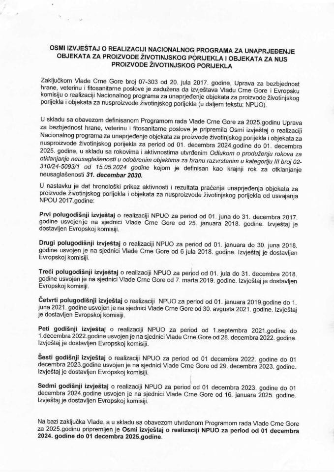 Osmi izvještaj o realizaciji Nacionalnog programa za unaprjeđenje objekata za proizvode životinjskog porijekla i objekata za nus proizvode životinjskog porijekla