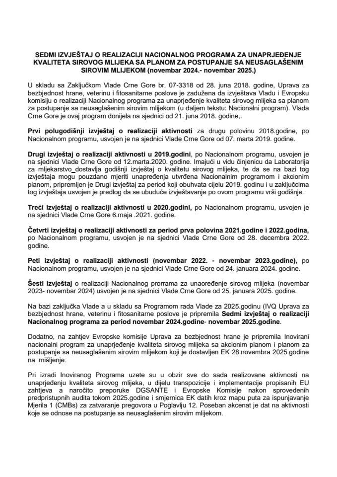 Sedmi izvještaj o realizaciji Nacionalnog programa za unaprjeđenje kvaliteta sirovog mlijeka sa planom za postupanje sa neusaglašenim sirovim mlijekom (novembar 2024 - novembar 2025.)