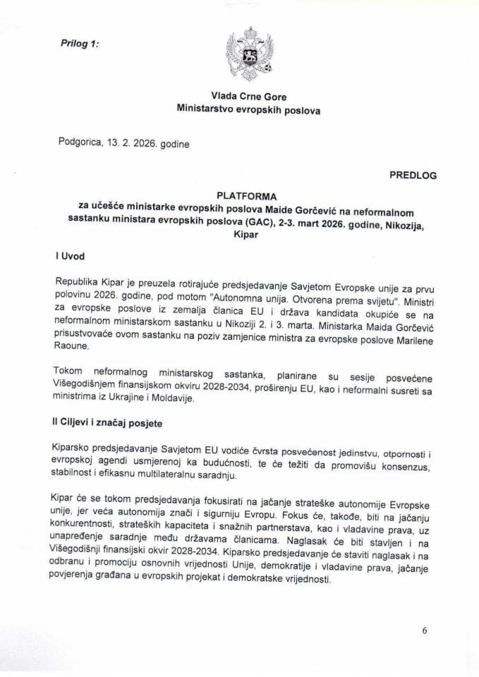 Predlog platforme za učešće ministarke evropskih poslova Maide Gorčević na neformalnom sastanku ministara evropskih poslova (GAC), 2-3. mart 2026. godine, Nikozija, Kipar