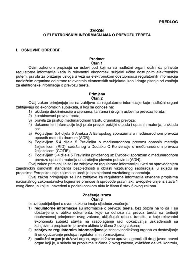 Predlog zakona o elektronskim informacijama o prevozu tereta s Izvještajem sa javne rasprave
