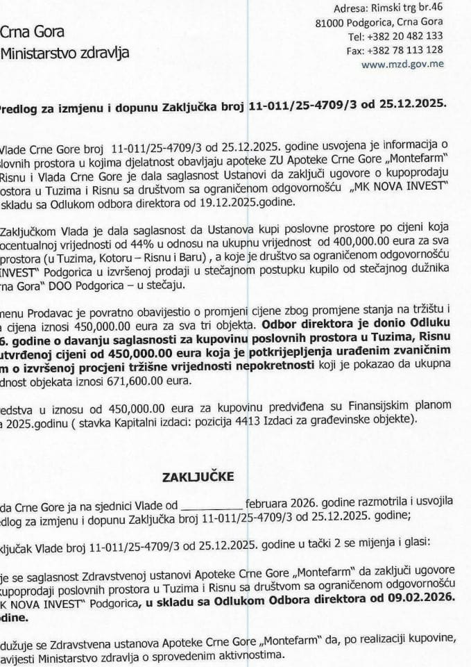 Predlog za izmjenu Zaključka Vlade Crne Gore, broj: 11-011/25-4709/3, od 25.12.2025. godine