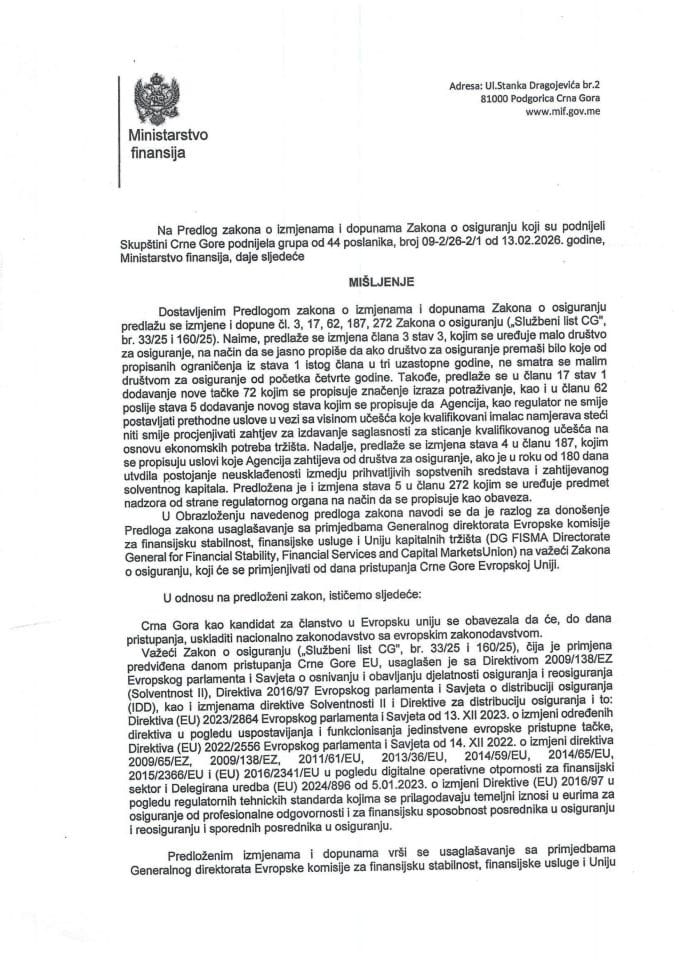Predlog mišljenja na Predlog zakona o izmjenama i dopunama Zakona o osiguranju, koji je podnijela grupa od 44 poslanika