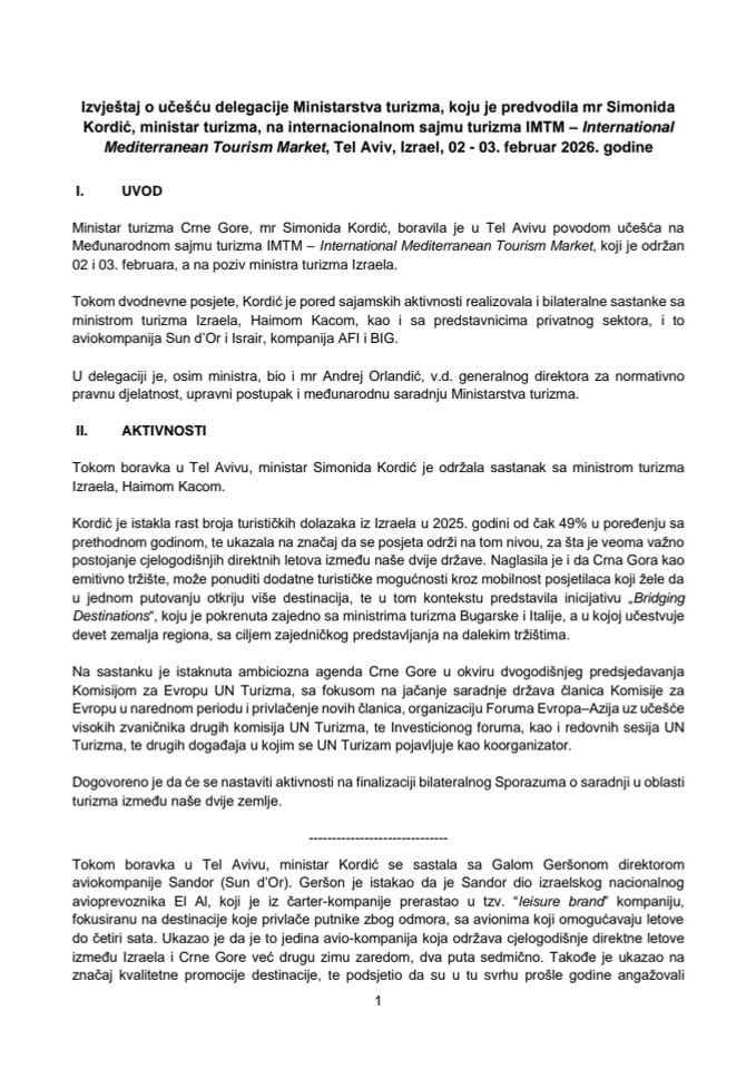 Izvještaj o učešću delegacije Ministarstva turizma, koju je predvodila mr Simonida Kordić, ministarka turizma, na internacionalnom sajmu turizma IMTM - International Mediterranean Tourism Market, Tel Aviv, Izrael, 2 - 3. februar 2026. godine