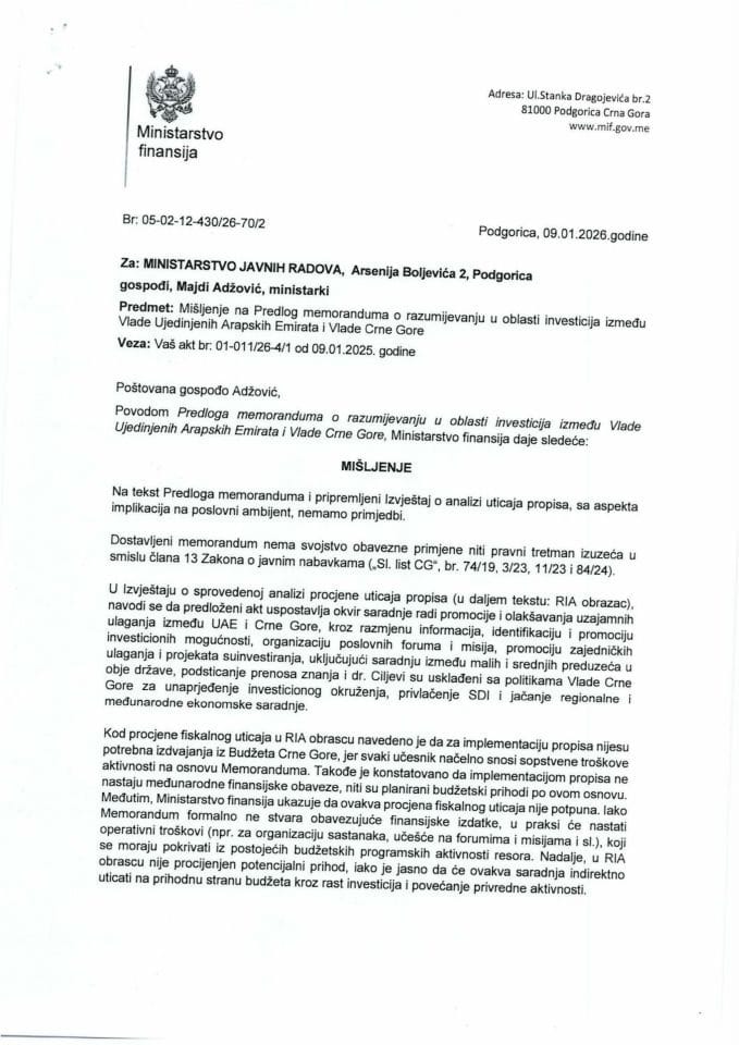 Mišljenje na Predlog memoranduma o razumijevanju u oblasti investicija između Vlade Ujedinjenih Arapskih Emirata i Vlade Crne Gore