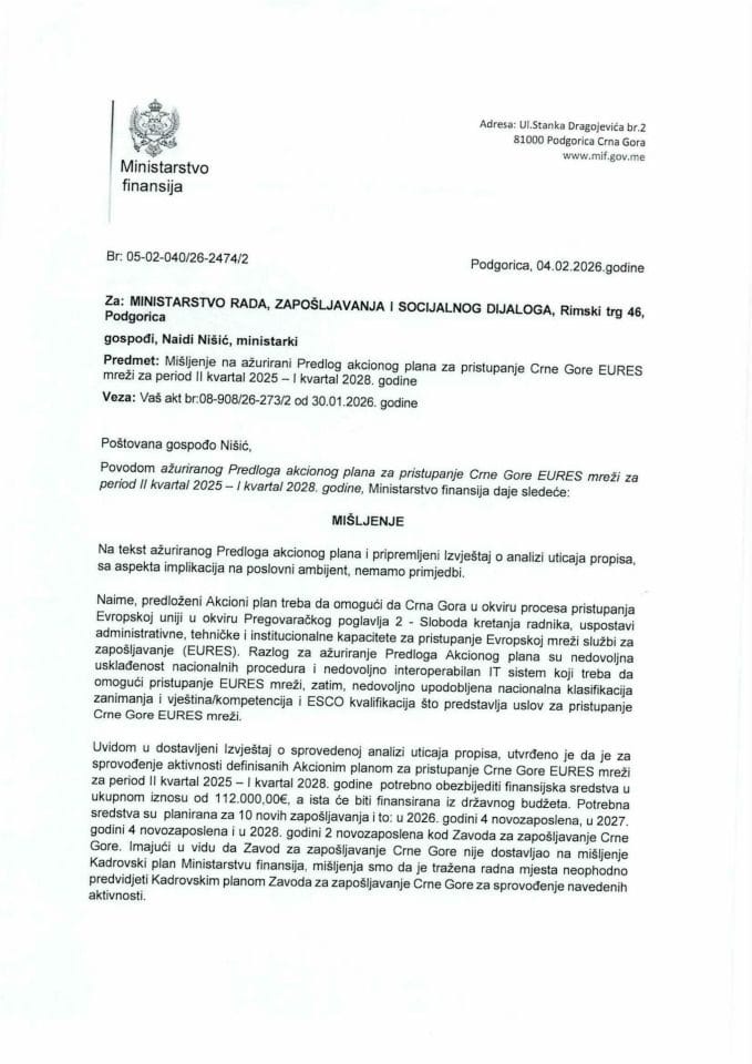 Mišljenje na ažurirani Predlog akcionog plana za pristupanje Crne Gore EURES mreži za period II kvartal 2025 - I kvartal 2028. godine