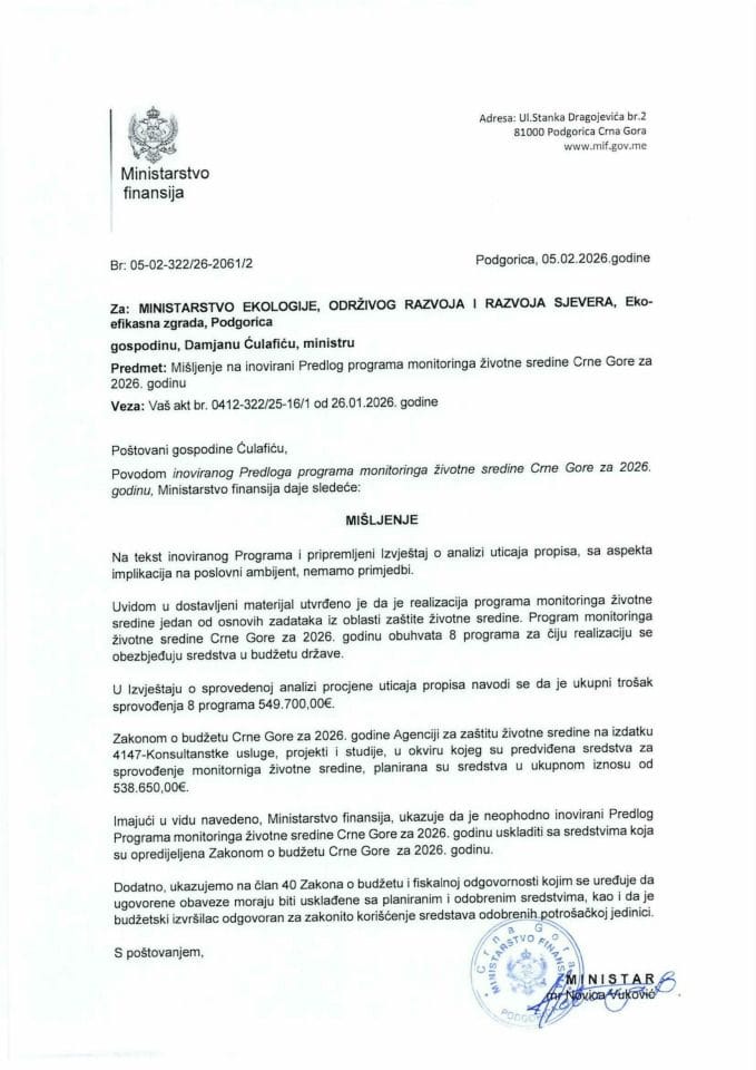 Mišljenje na inovirani Predlog programa monitoringa životne sredine Crne Gore za 2026. godinu