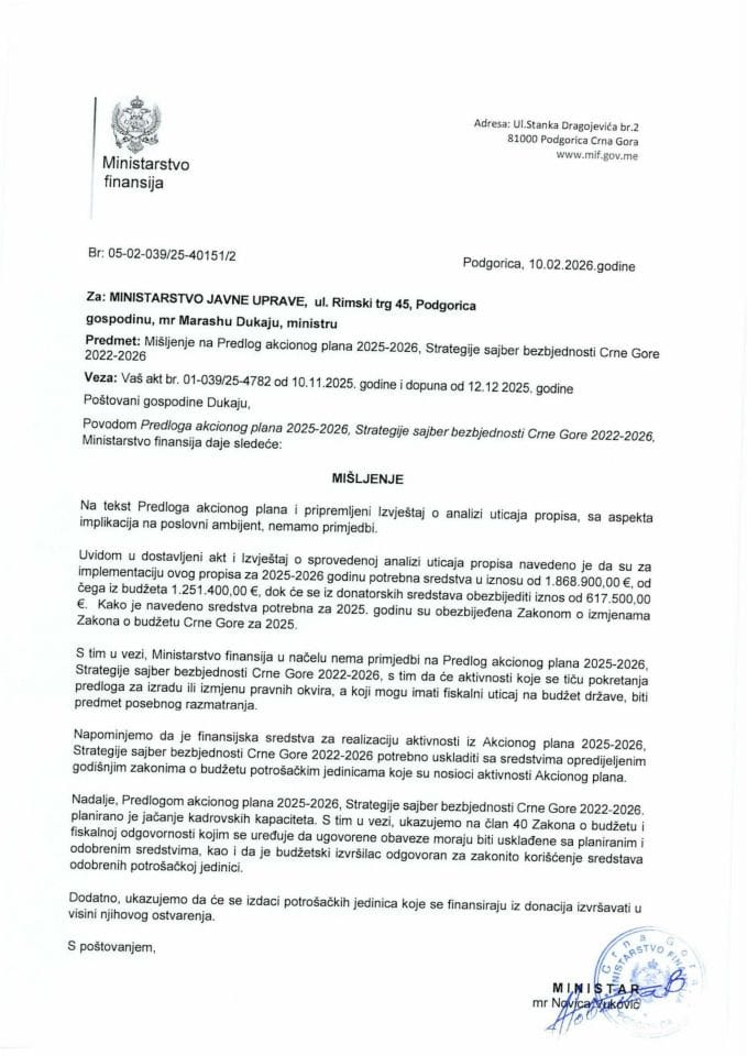 Mišljenje na Predlog akcionog plana 2025-2026, Strategije sajber bezbjednosti Crne Gore 2022-2026