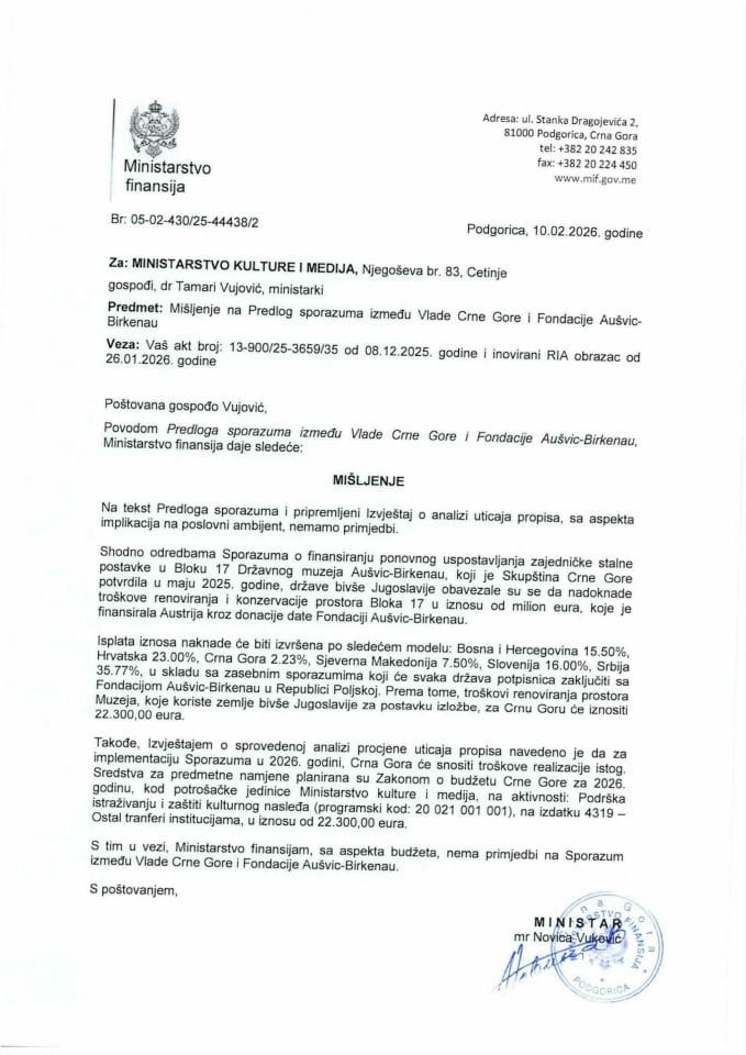 Mišljenje na Predlog sporazuma između Vlade Crne Gore i Fondacije Aušvic-Birkenau