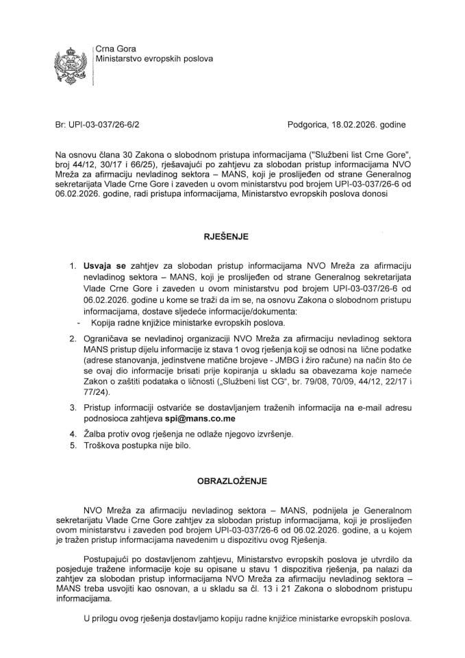 Zahtjev za slobodan pristup informacijama NVO MANS br. UPI-03-037-26-6-2 radna knjižica