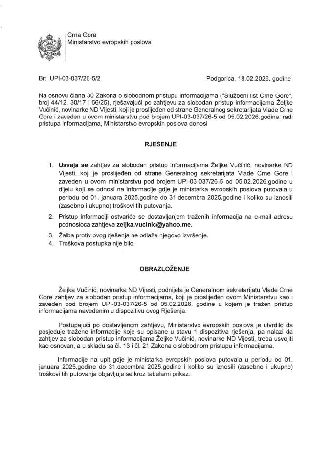 Zahtjev za slobodan pristup informacijama NVO MANS br. UPI-03-037-26-5-2 Rješenje