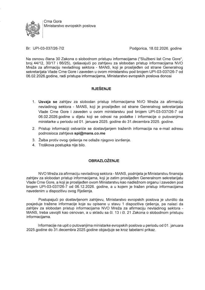 Zahtjev za slobodan pristup informacijama NVO MANS br. UPI-03-037-26-7-2 Rješenje