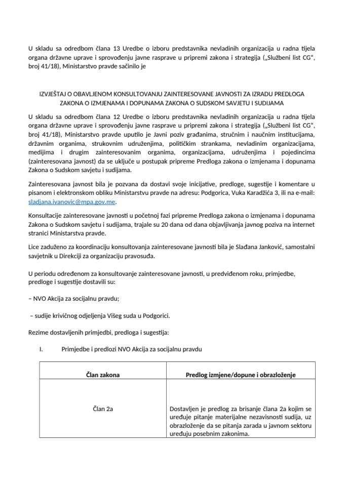 Izvještaj o obavljenom konsultovanju javnosti za izradu Predloga zakona o izmjenama i dopunama Zakona o Sudskom savjetu i sudijama