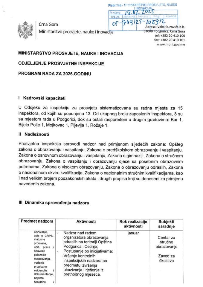 Program rada Odjeljenja prosvjetne inspekcije za 2026. godinu