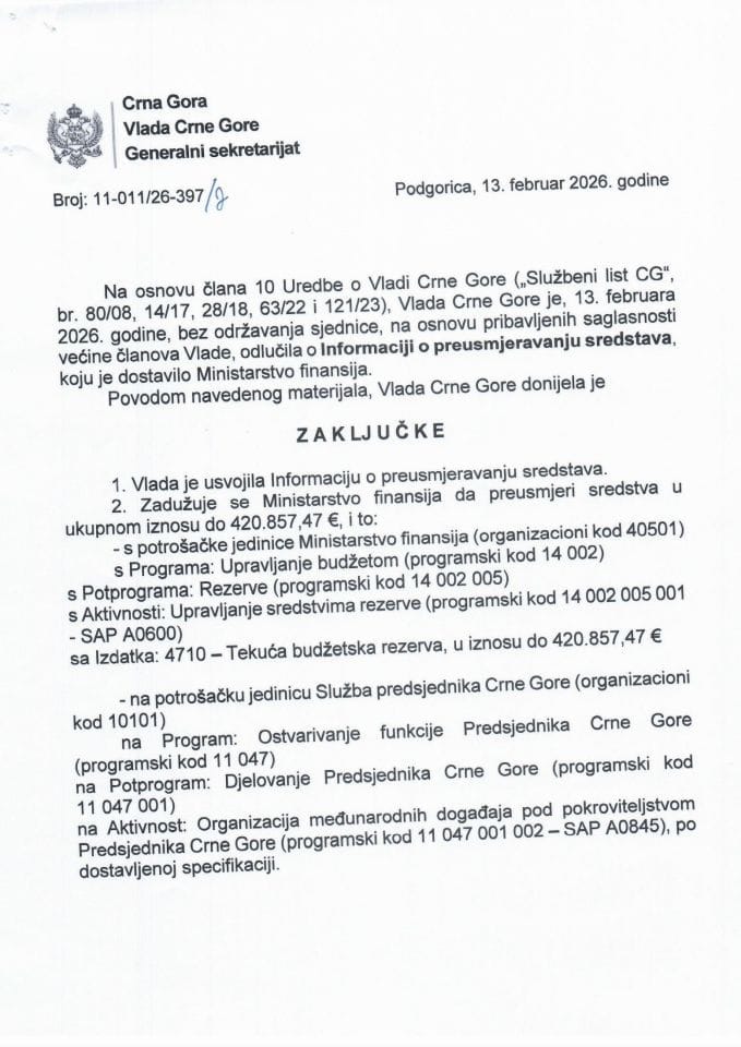 Informacija o preusmjeravanju sredstava - Zaključci