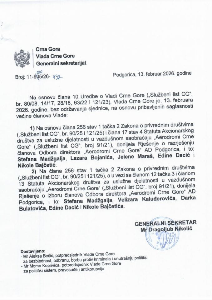 Kadrovska pitanja - 13. februar 2026. godine - Zaključci